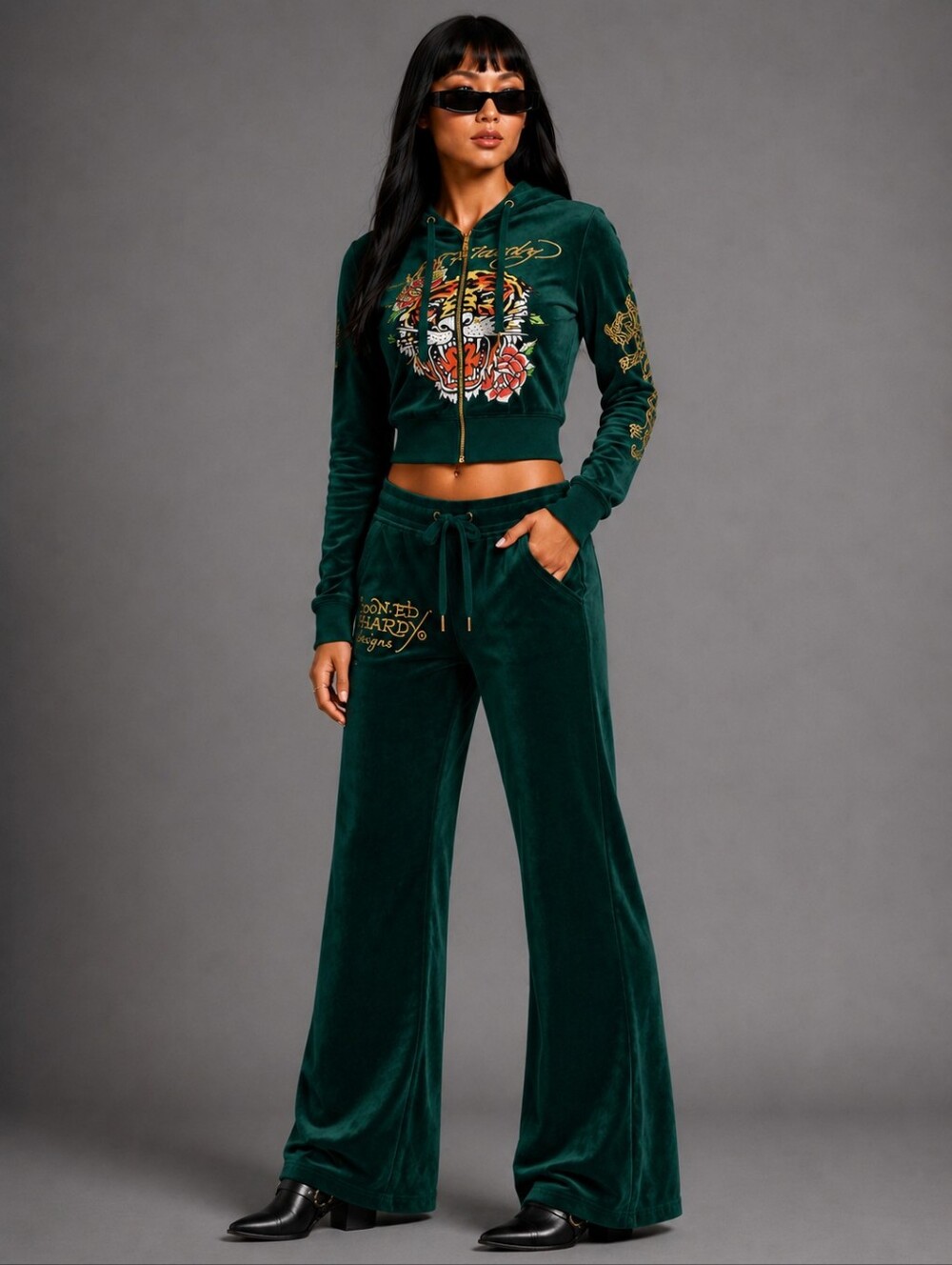 2PC SET ED HARDY Velour Tracksuit Green Tiger WIDE LEG Hoodie Joggers MEDIUM NWT - Picture 8 of 8